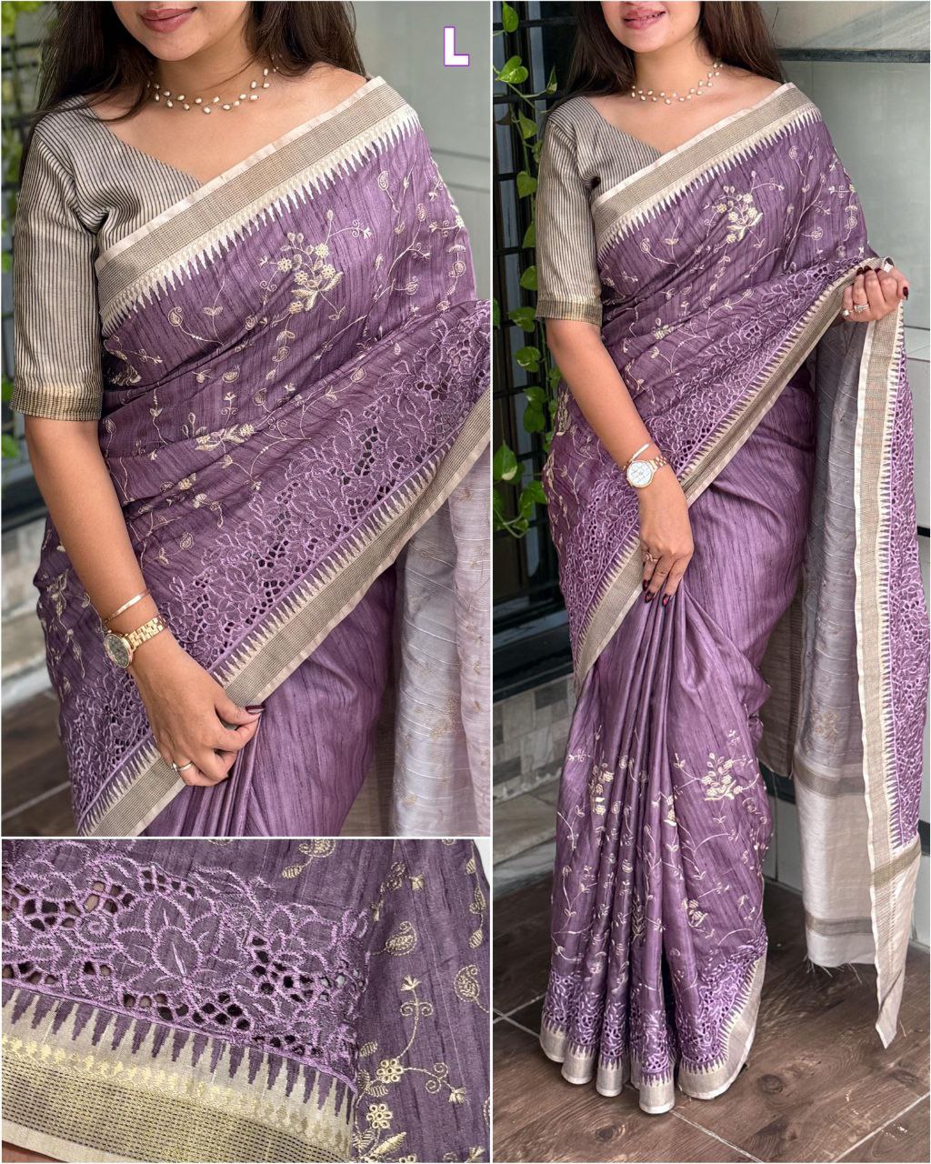 Thread Embroidery Work Zar Weaving Border Digital Printed Tussar Cotton Saree With Blouse