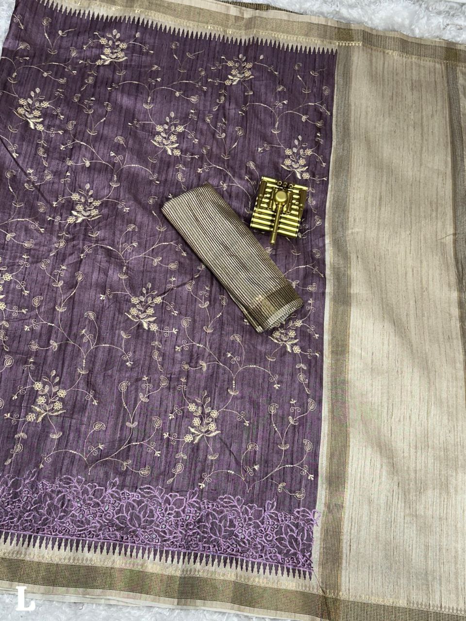Thread Embroidery Work Zar Weaving Border Digital Printed Tussar Cotton Saree With Blouse