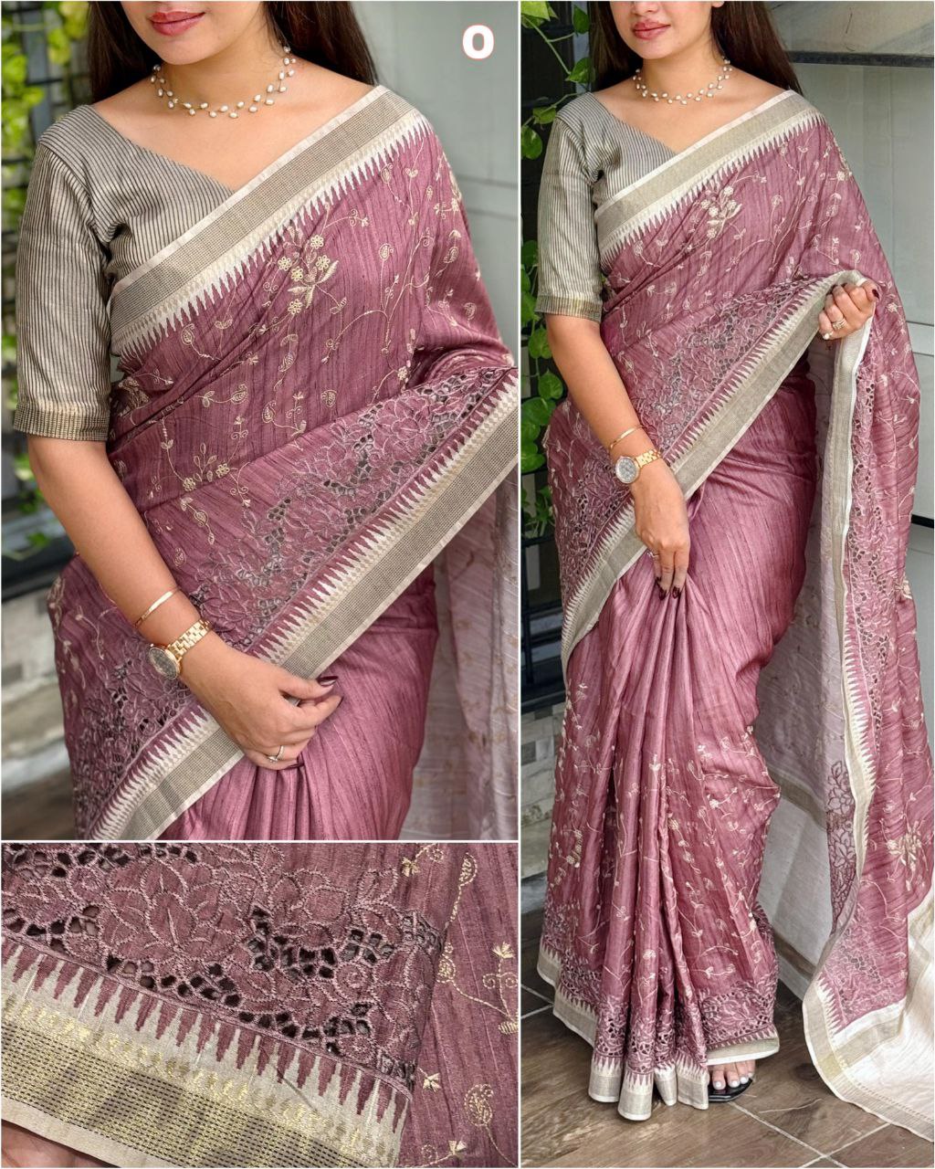Thread Embroidery Work Zar Weaving Border Digital Printed Tussar Cotton Saree With Blouse