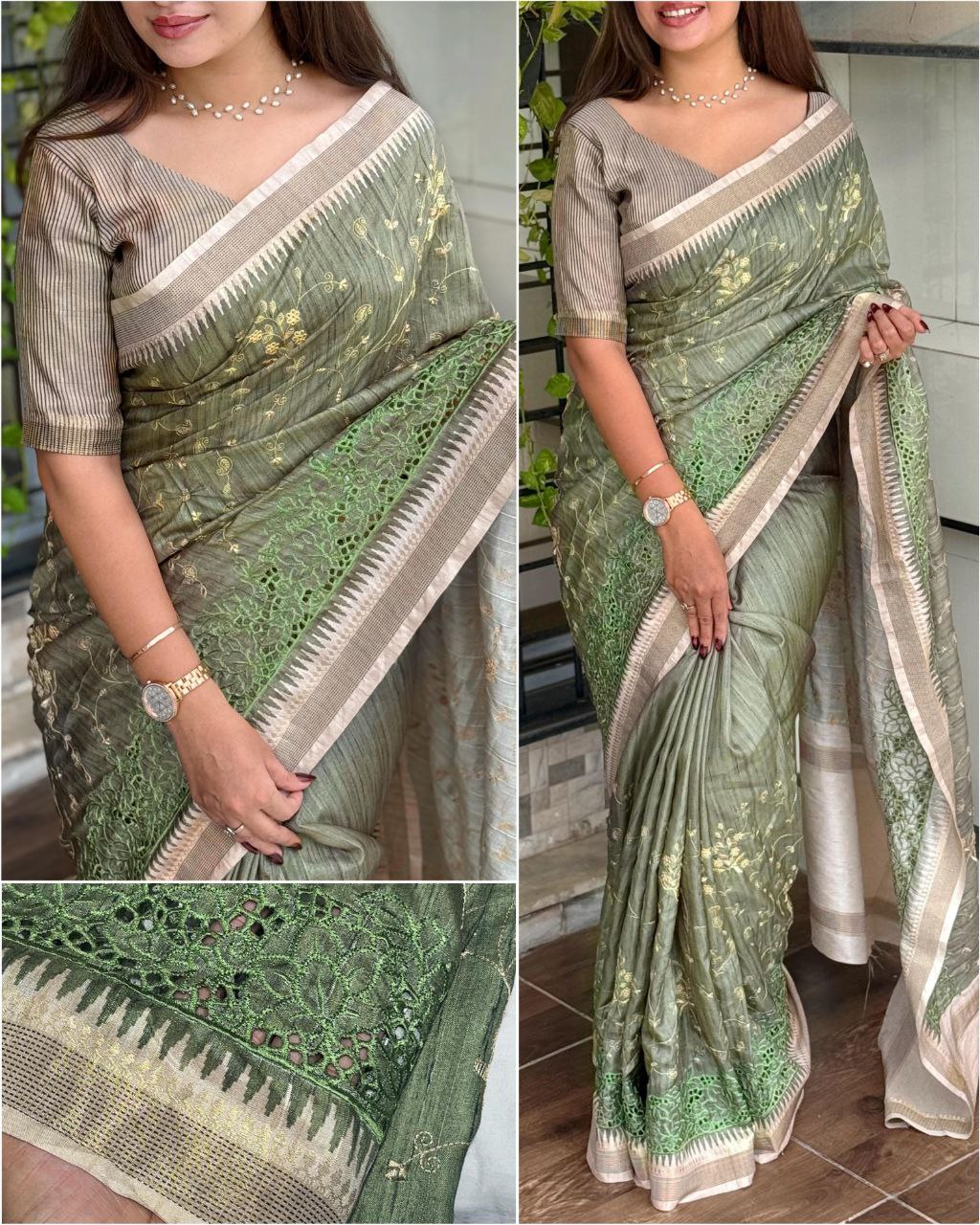 Thread Embroidery Work Zar Weaving Border Digital Printed Tussar Cotton Saree With Blouse