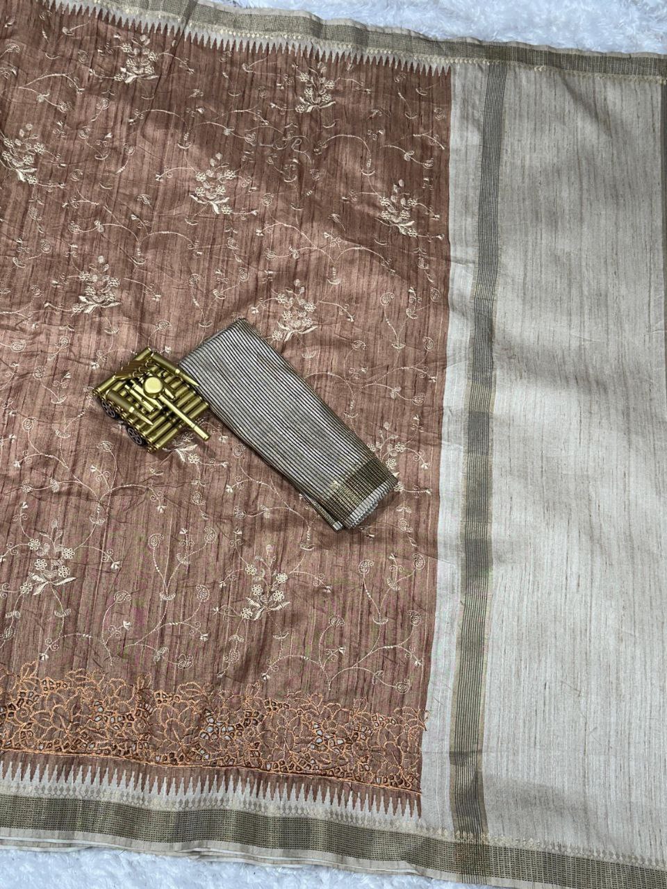 Thread Embroidery Work Zar Weaving Border Digital Printed Tussar Cotton Saree With Blouse