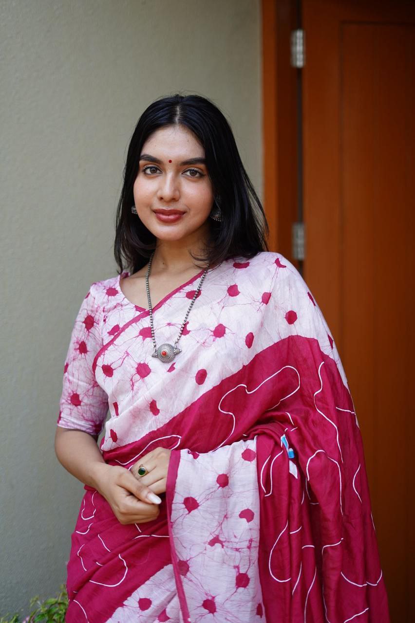 Hand-Painted Pure Chanderi Batik Print Cotton Saree with Crack Blouse