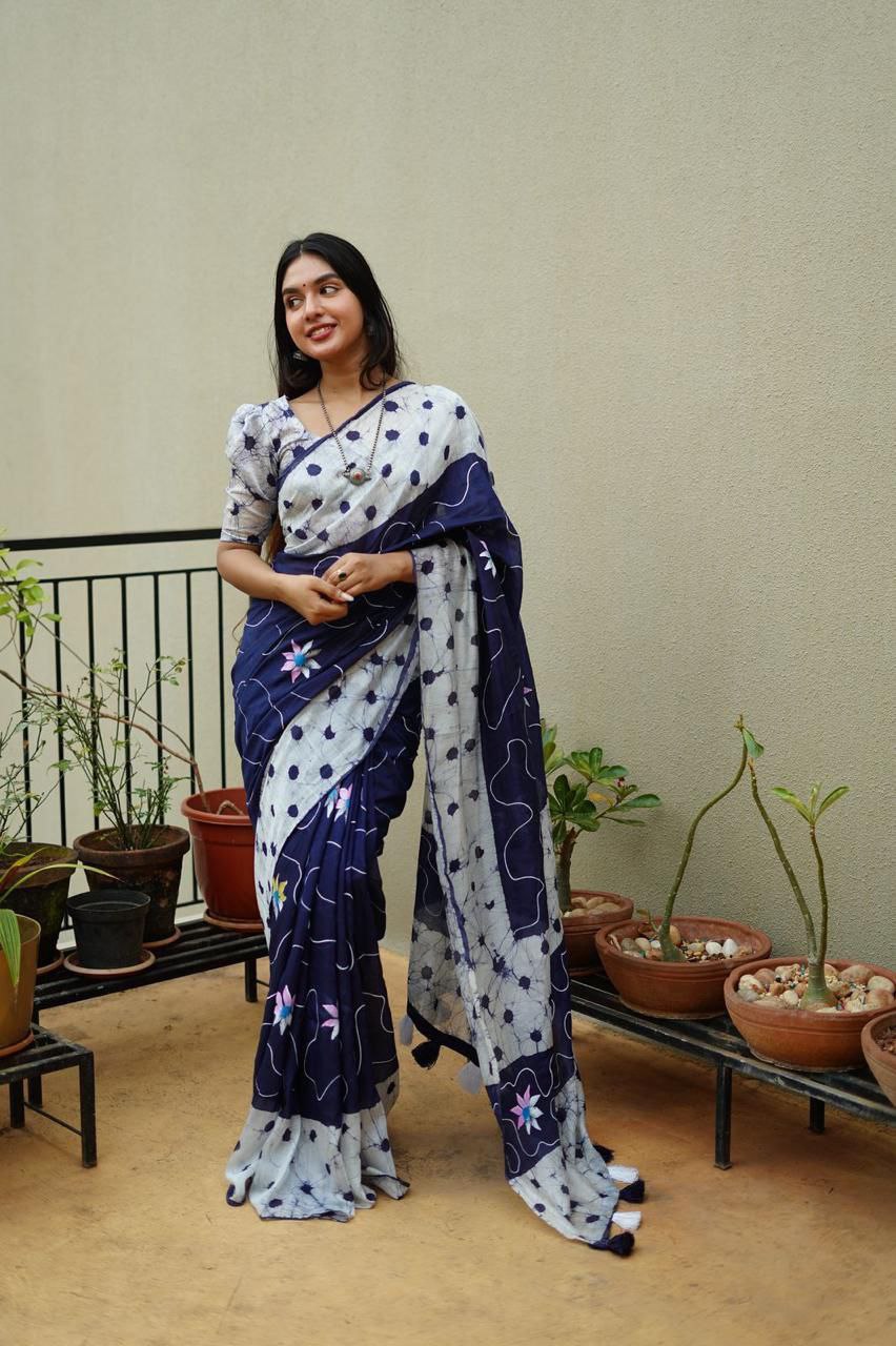 Hand-Painted Pure Chanderi Batik Print Cotton Saree with Crack Blouse