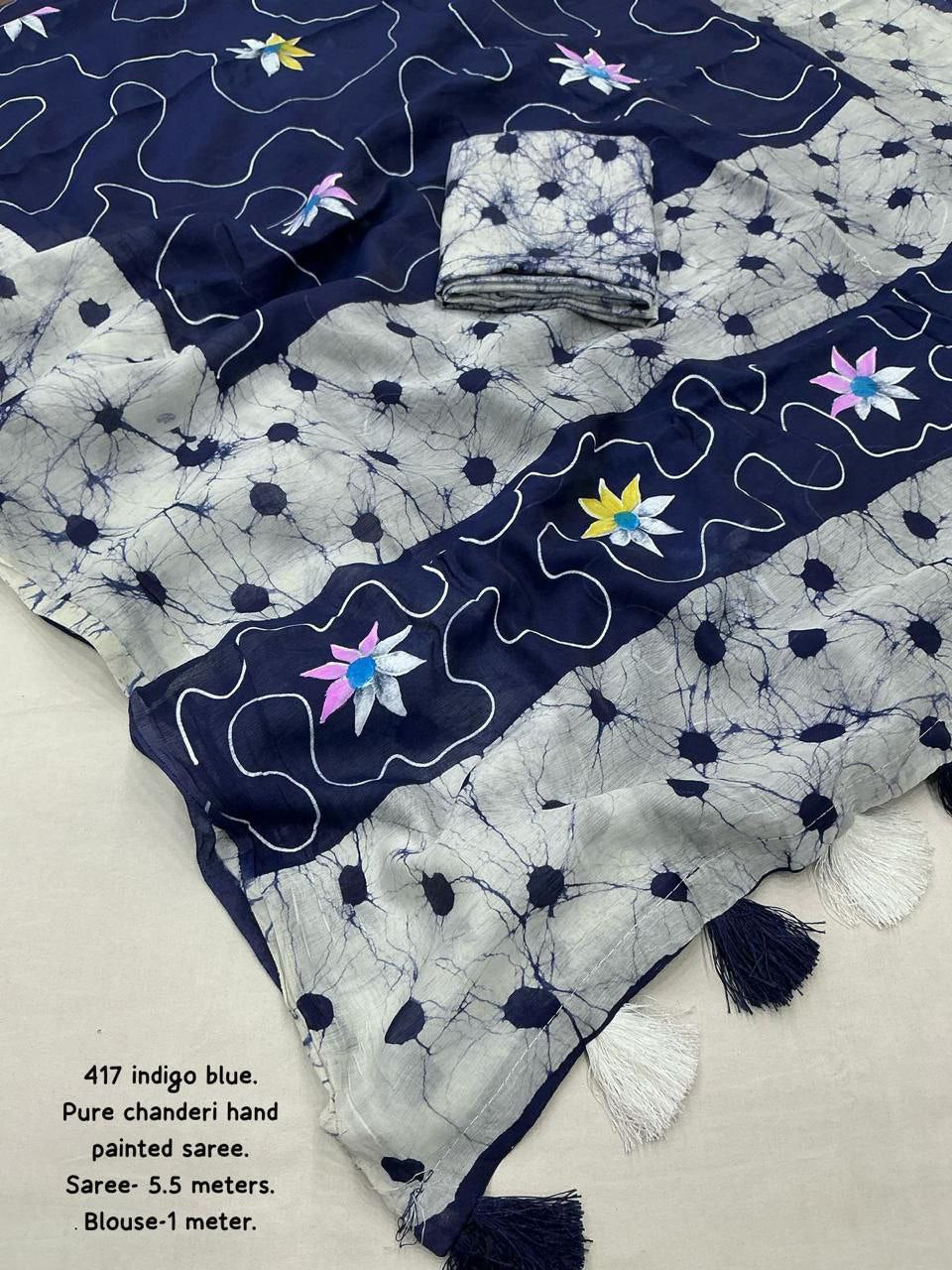 Hand-Painted Pure Chanderi Batik Print Cotton Saree with Crack Blouse