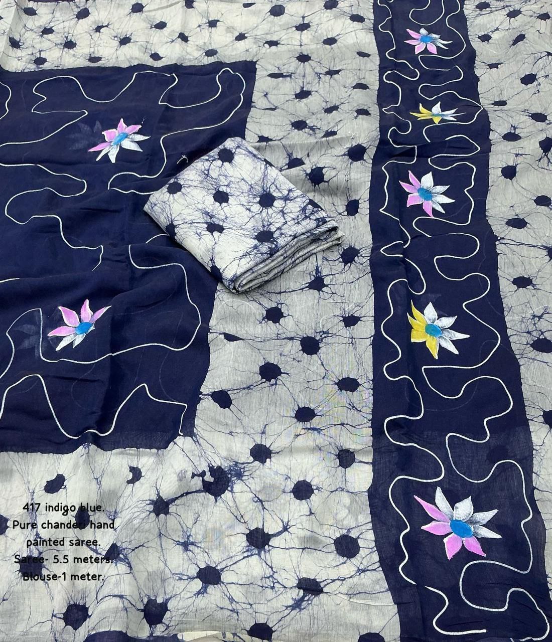 Hand-Painted Pure Chanderi Batik Print Cotton Saree with Crack Blouse