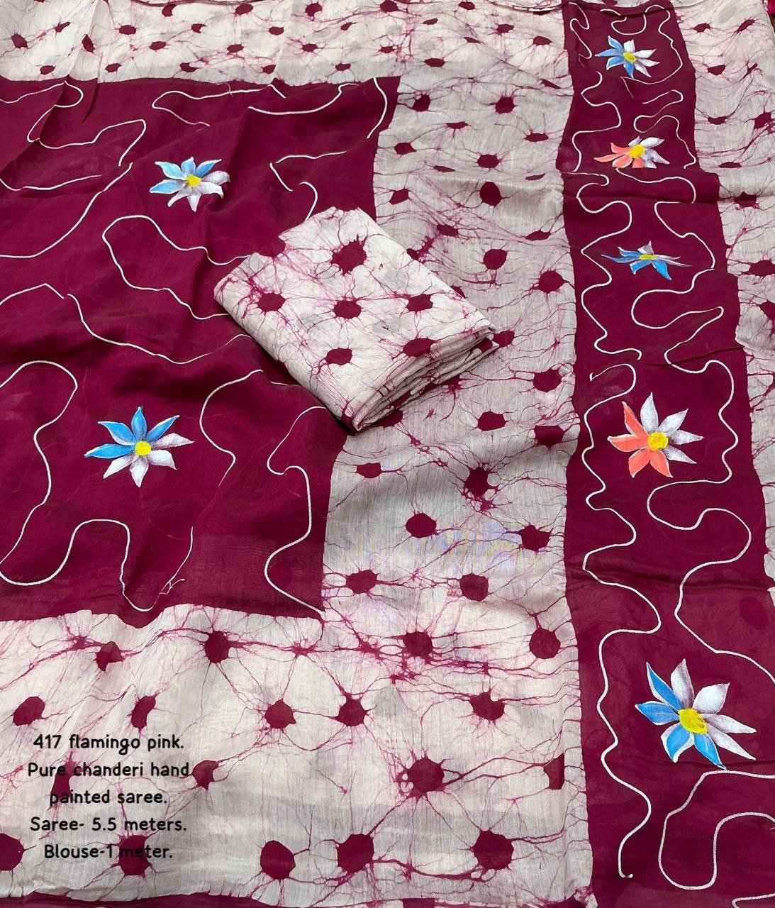Hand-Painted Pure Chanderi Batik Print Cotton Saree with Crack Blouse