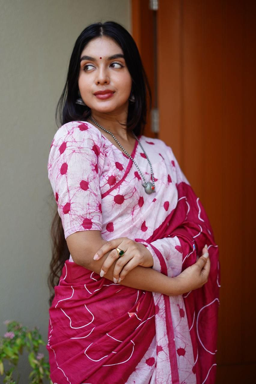 Hand-Painted Pure Chanderi Batik Print Cotton Saree with Crack Blouse