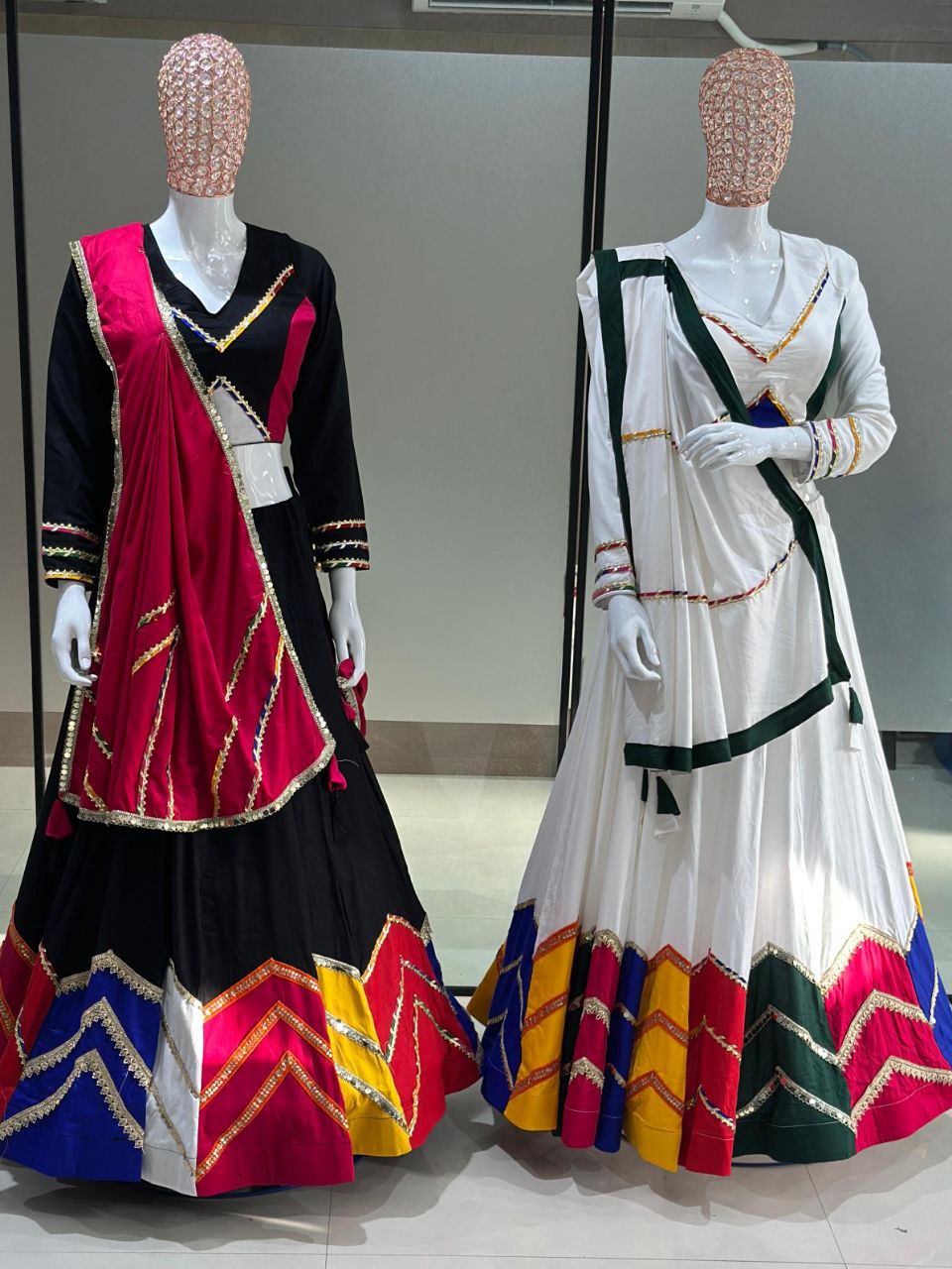 Women's Navratri Wear Multi-color applique work Ready to Wear Pure Rayon Cotton Lehenga Choli Set