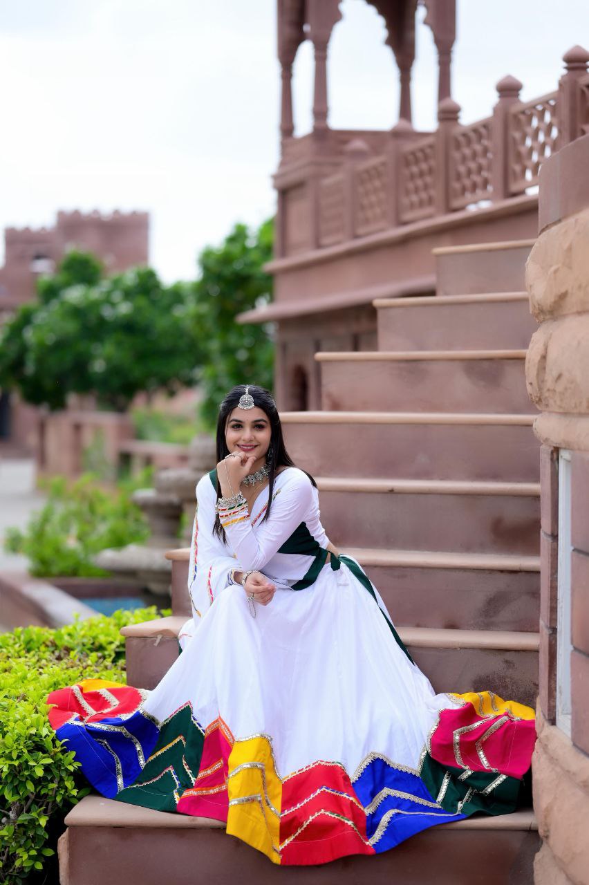 Women's Navratri Wear Multi-color applique work Ready to Wear Pure Rayon Cotton Lehenga Choli Set