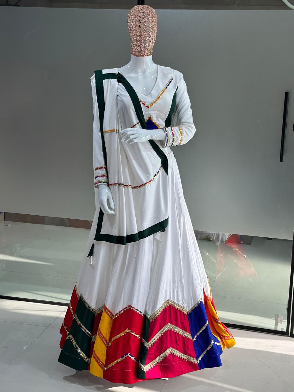 Women's Navratri Wear Multi-color applique work Ready to Wear Pure Rayon Cotton Lehenga Choli Set