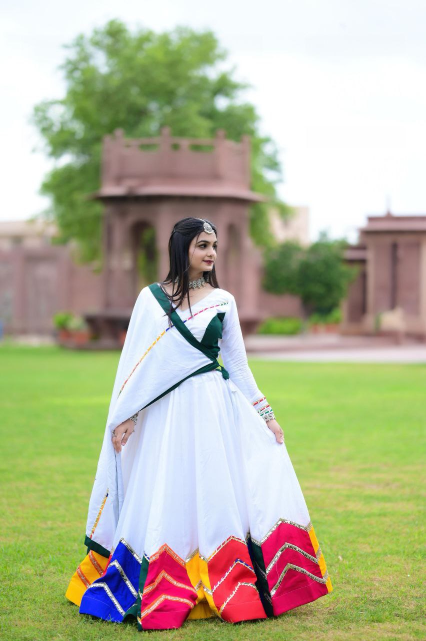 Women's Navratri Wear Multi-color applique work Ready to Wear Pure Rayon Cotton Lehenga Choli Set