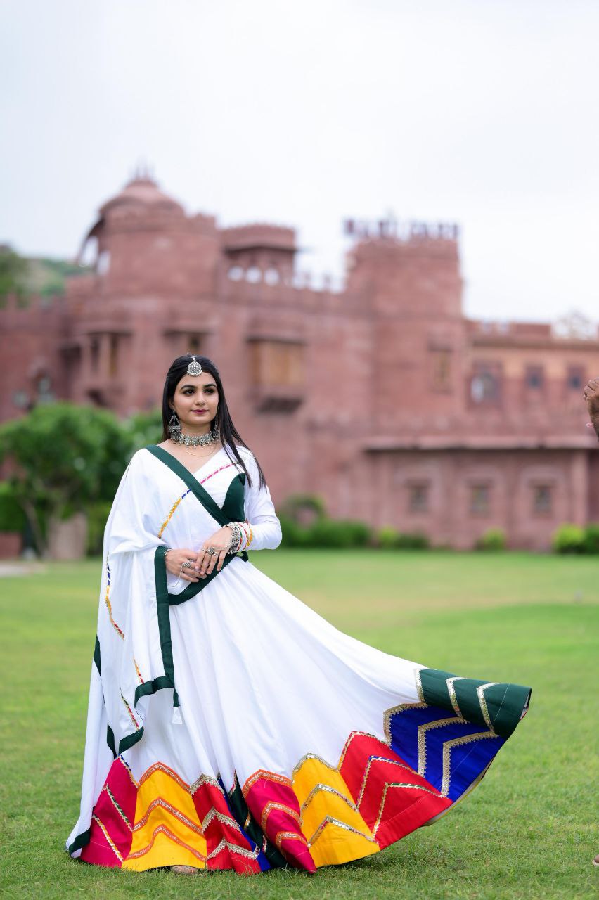 Women's Navratri Wear Multi-color applique work Ready to Wear Pure Rayon Cotton Lehenga Choli Set