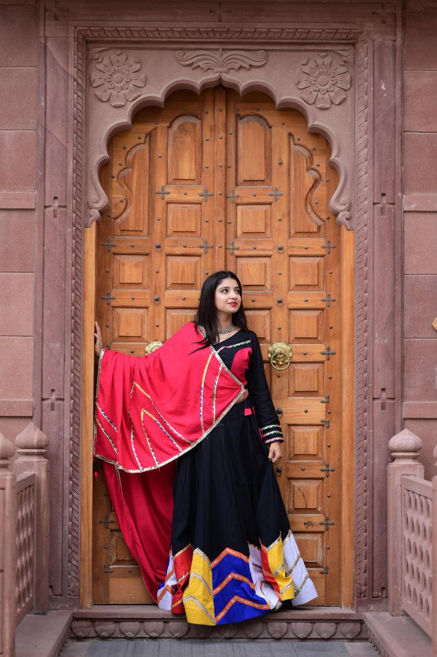 Women's Navratri Wear Multi-color applique work Ready to Wear Pure Rayon Cotton Lehenga Choli Set