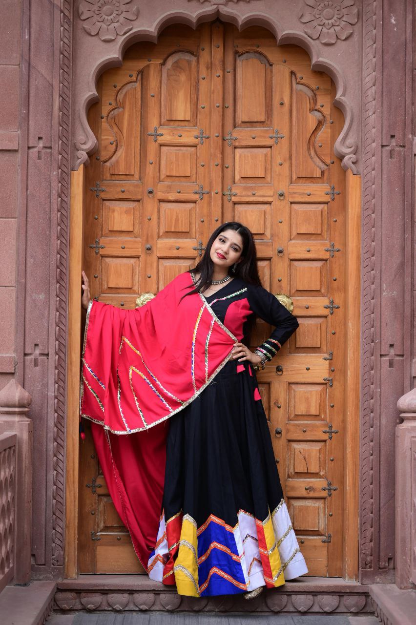 Women's Navratri Wear Multi-color applique work Ready to Wear Pure Rayon Cotton Lehenga Choli Set