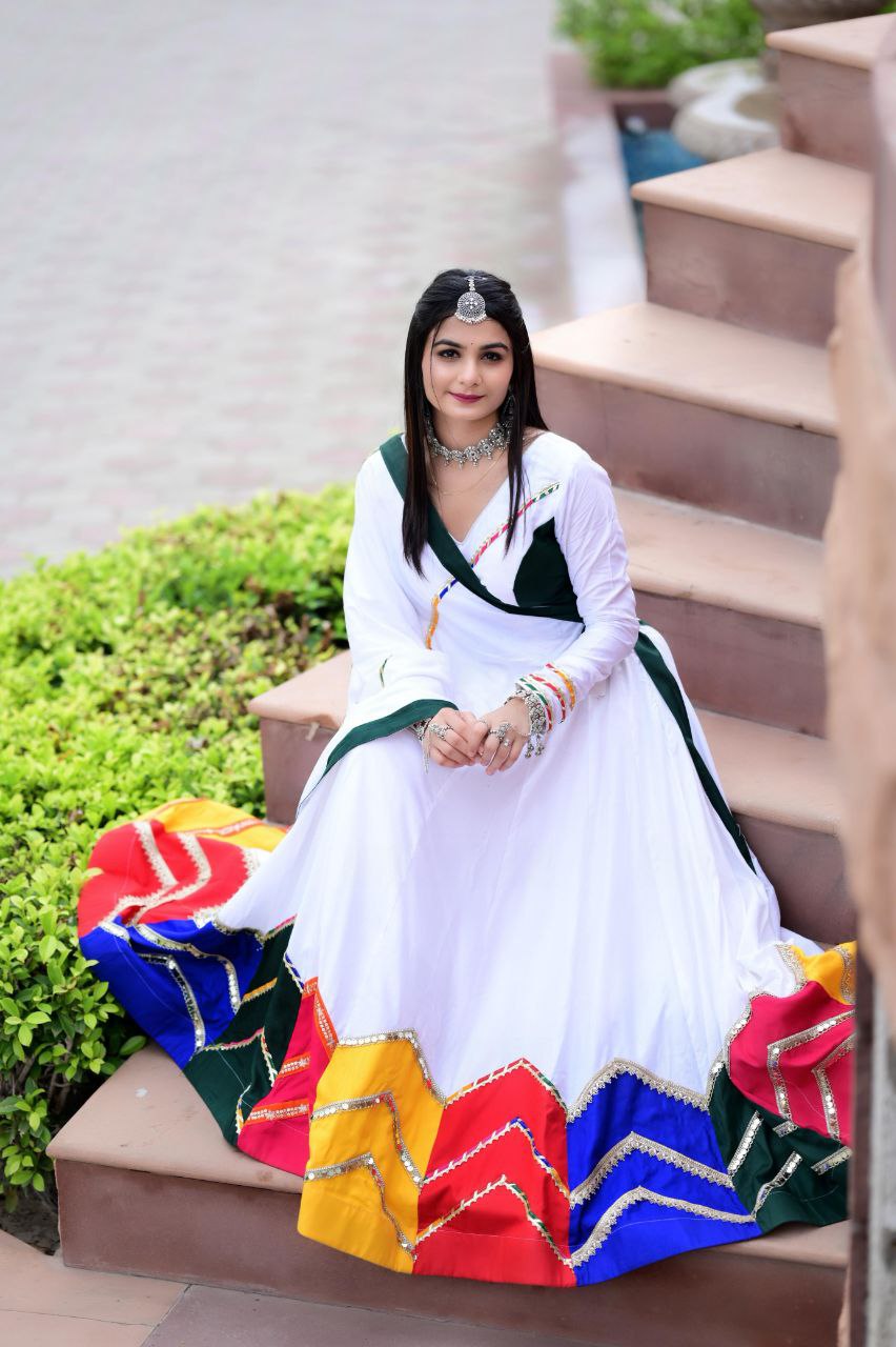 Women's Navratri Wear Multi-color applique work Ready to Wear Pure Rayon Cotton Lehenga Choli Set