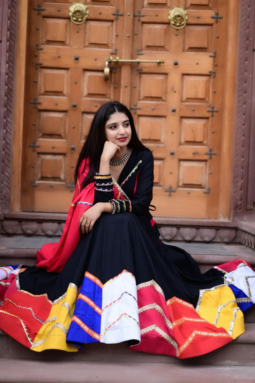 Women's Navratri Wear Multi-color applique work Ready to Wear Pure Rayon Cotton Lehenga Choli Set