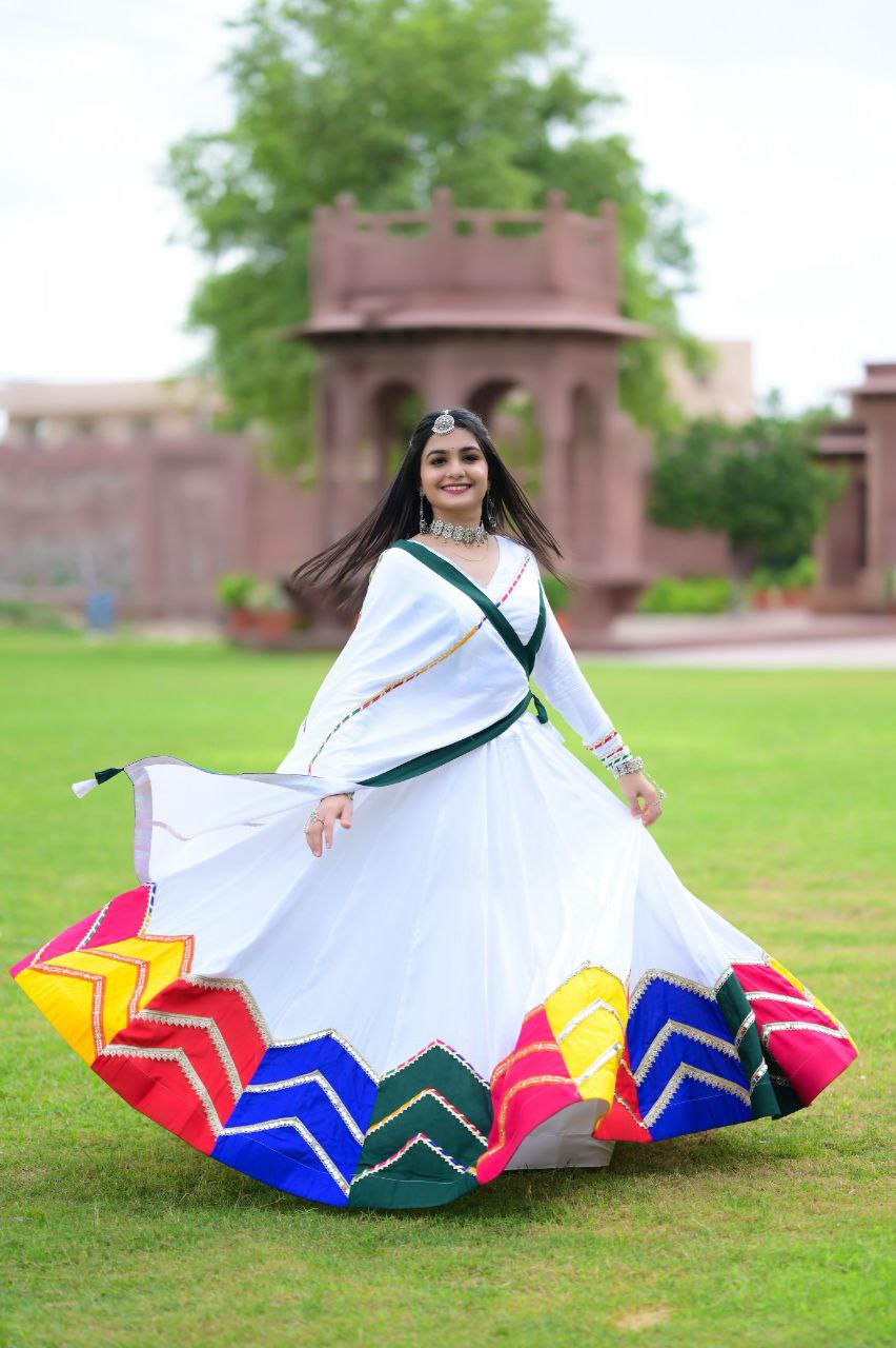 Women's Navratri Wear Multi-color applique work Ready to Wear Pure Rayon Cotton Lehenga Choli Set