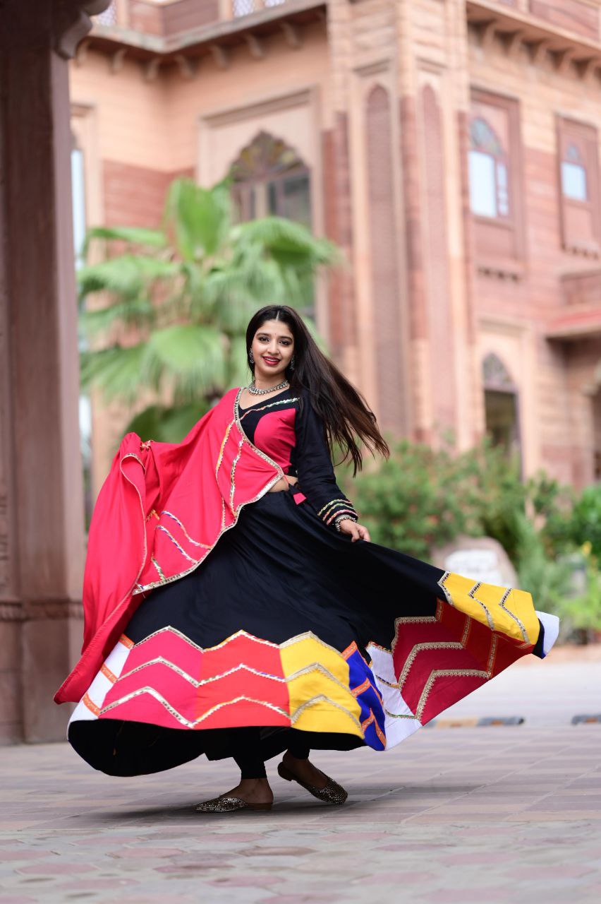 Women's Navratri Wear Multi-color applique work Ready to Wear Pure Rayon Cotton Lehenga Choli Set