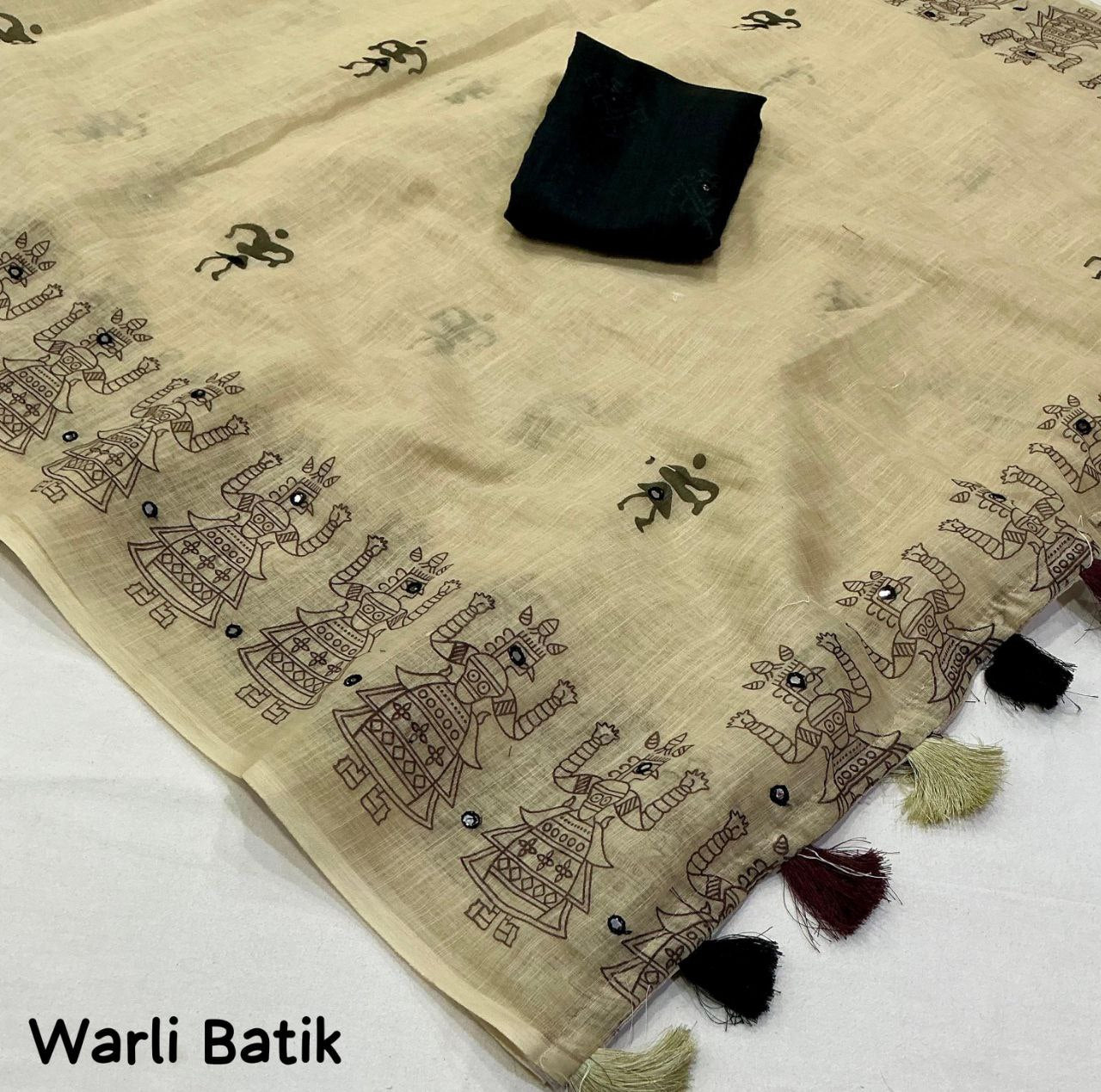 Aari Mirror Work  Worli Batik Soft Linen Saree with Running Blouse