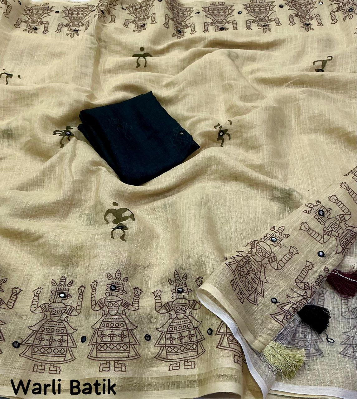 Aari Mirror Work  Worli Batik Soft Linen Saree with Running Blouse