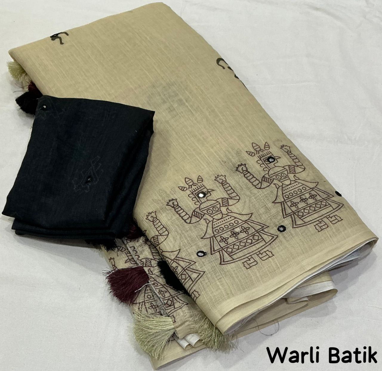 Aari Mirror Work  Worli Batik Soft Linen Saree with Running Blouse
