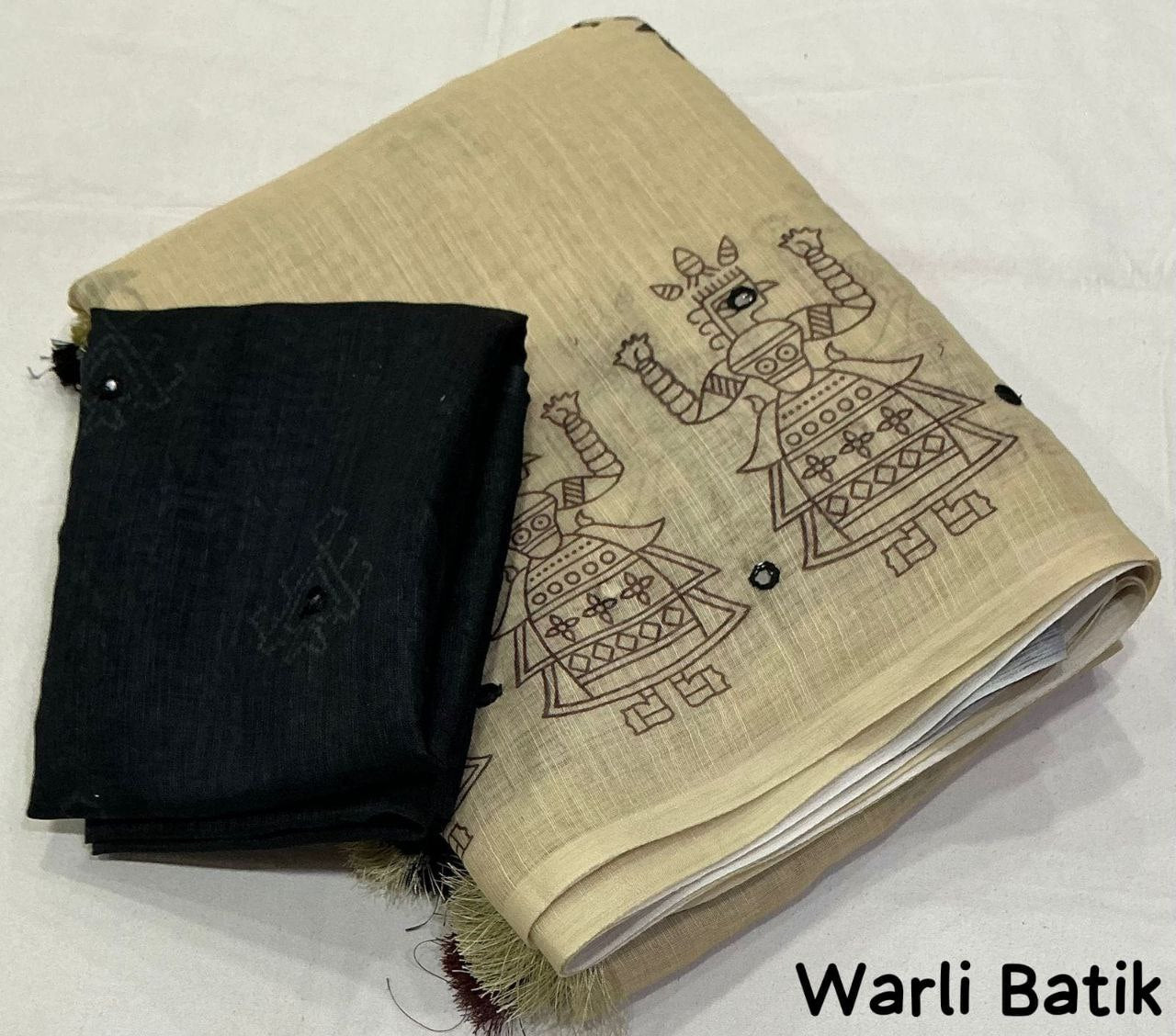 Aari Mirror Work  Worli Batik Soft Linen Saree with Running Blouse