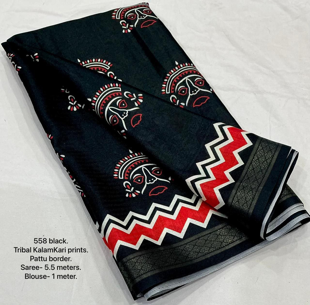 Soft Pashmina Silk with Zari Pattu Border & Jacquard Weave Goddess Kalamkari Black Saree With Blouse