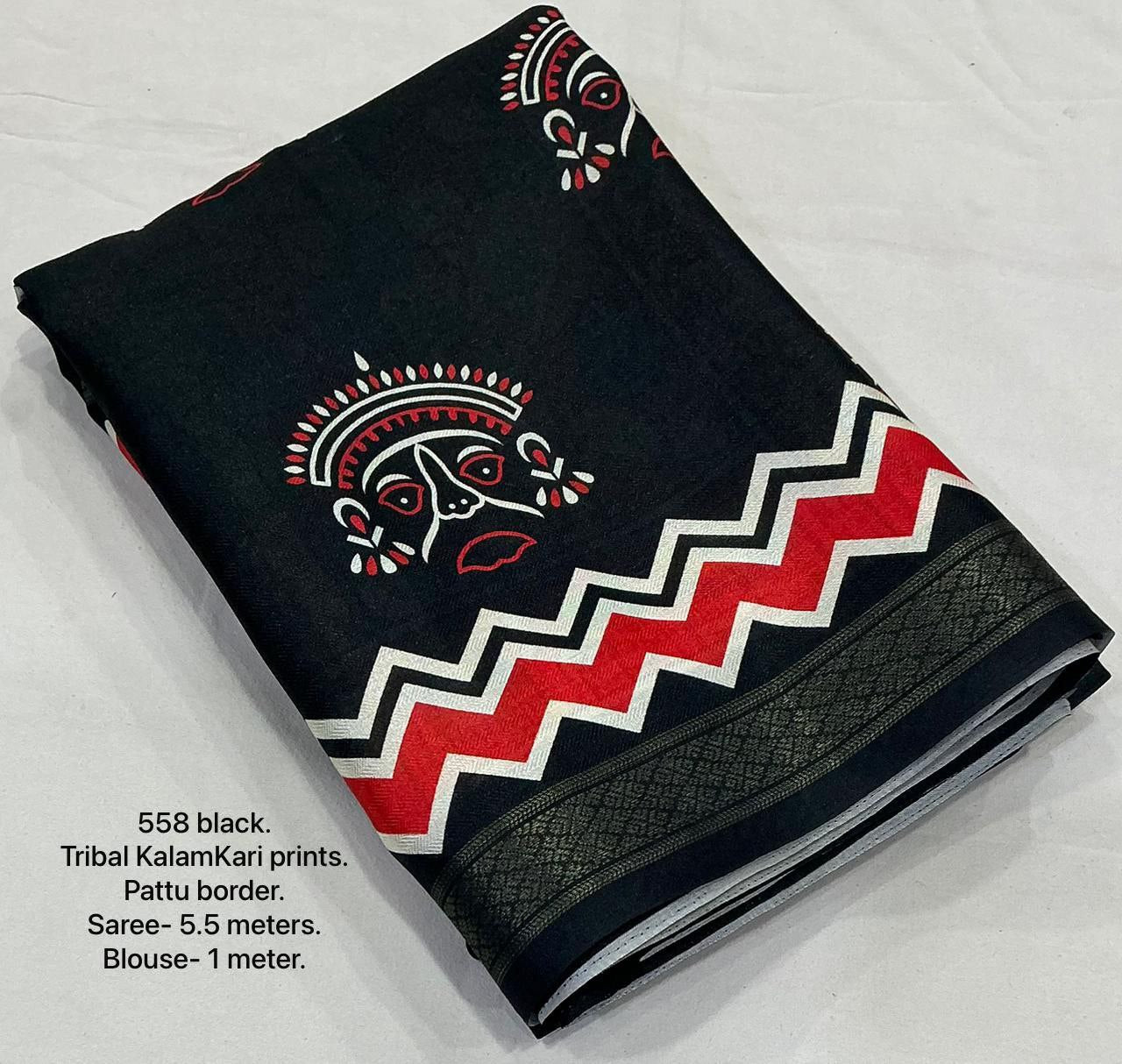 Soft Pashmina Silk with Zari Pattu Border & Jacquard Weave Goddess Kalamkari Black Saree With Blouse