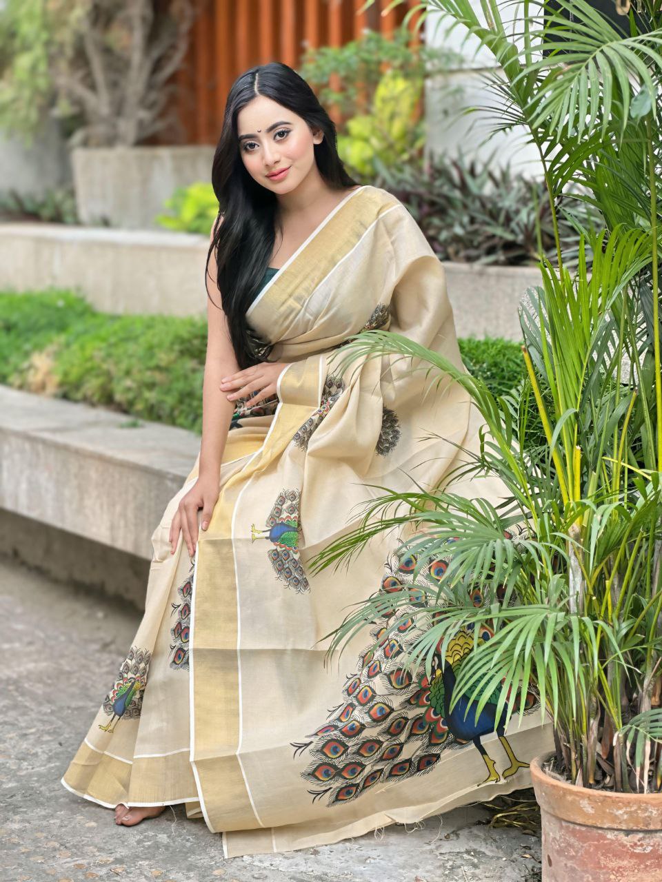 Zari & Thread Work Soft Gold Banarasi Tissue Silk Saree with Blouse