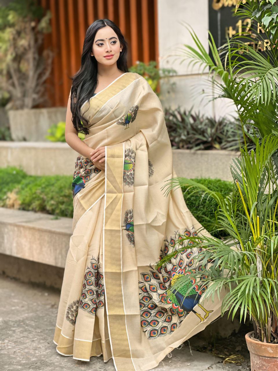 Zari & Thread Work Soft Gold Banarasi Tissue Silk Saree with Blouse
