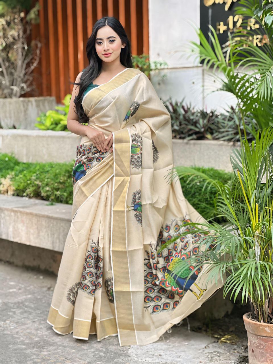 Zari & Thread Work Soft Gold Banarasi Tissue Silk Saree with Blouse