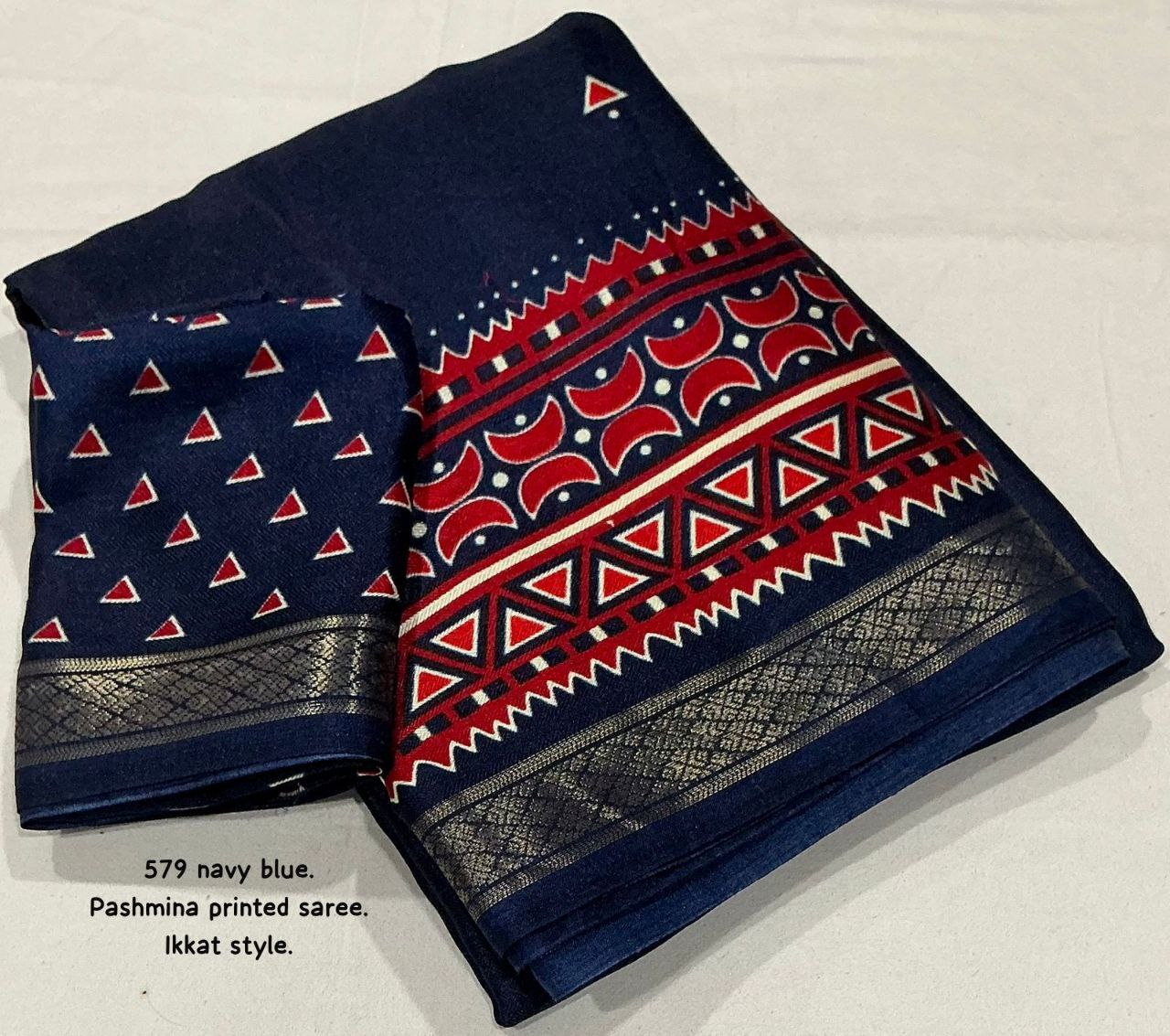 Zari Pattu Woven Border Soft Pashmina Silk Ikkat Printed Saree with Running Printed Blouse