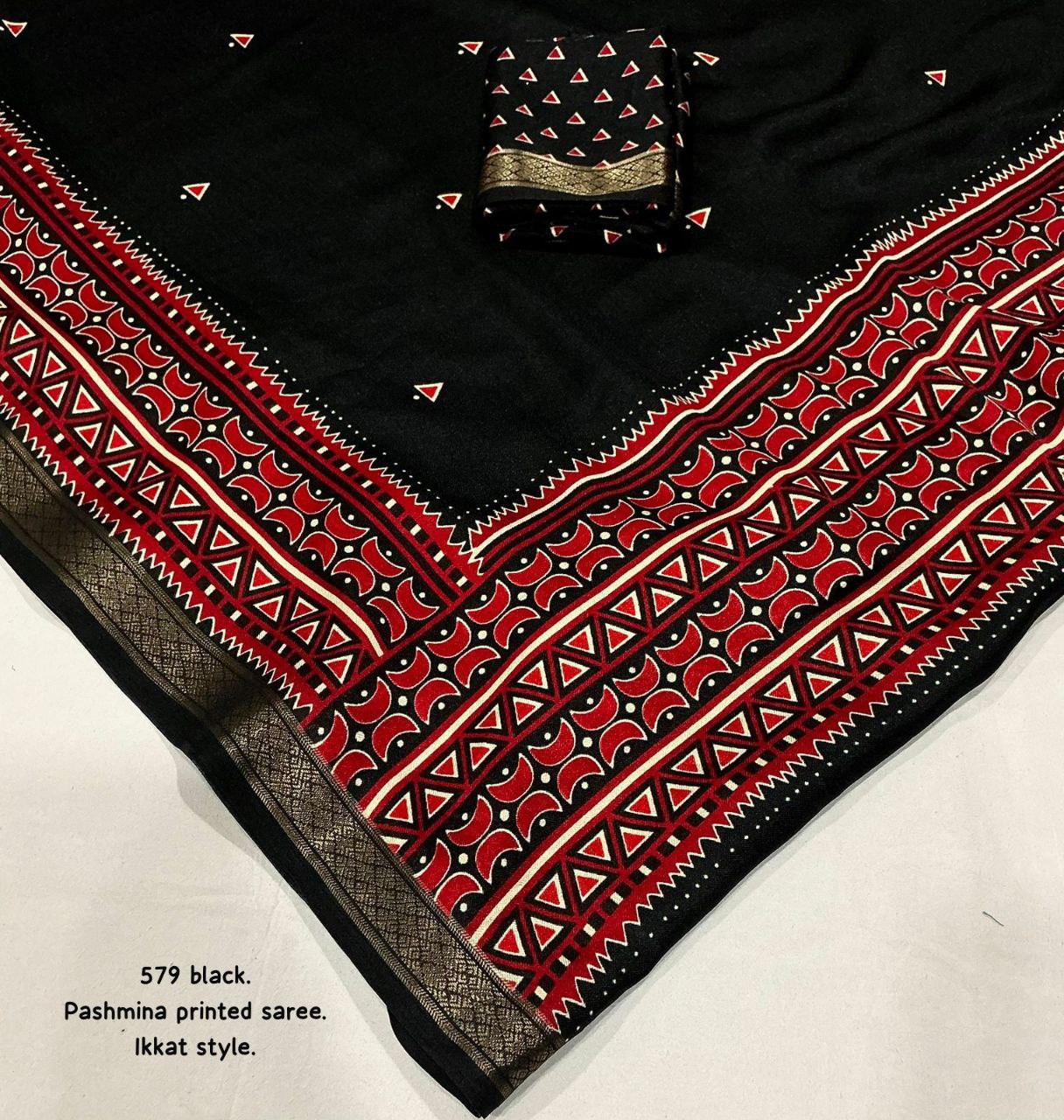 Zari Pattu Woven Border Soft Pashmina Silk Ikkat Printed Saree with Running Printed Blouse