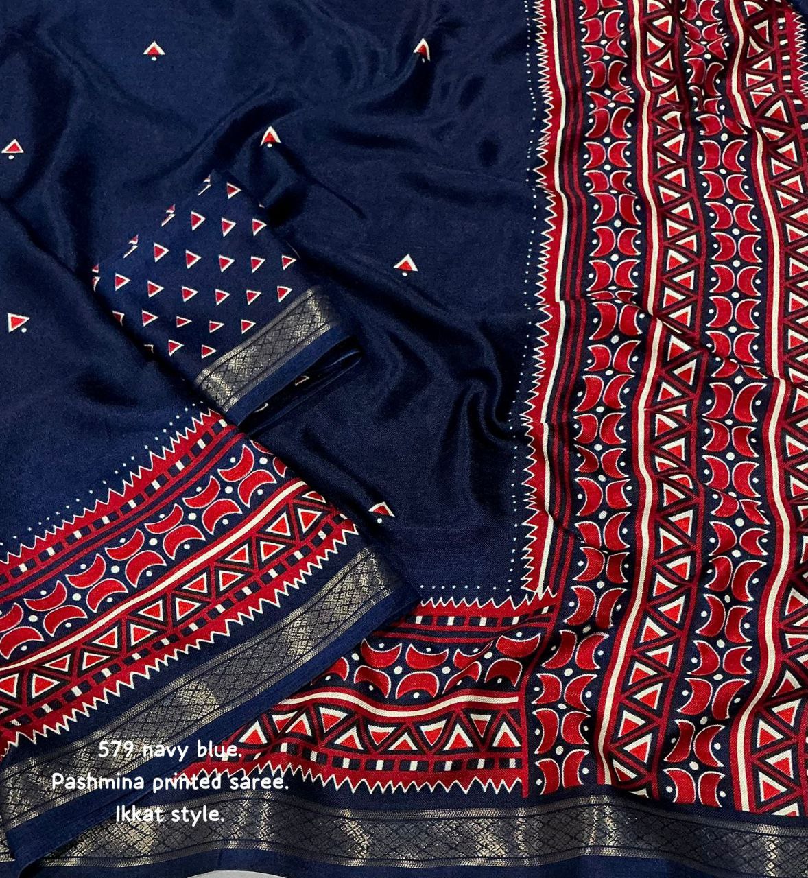 Zari Pattu Woven Border Soft Pashmina Silk Ikkat Printed Saree with Running Printed Blouse