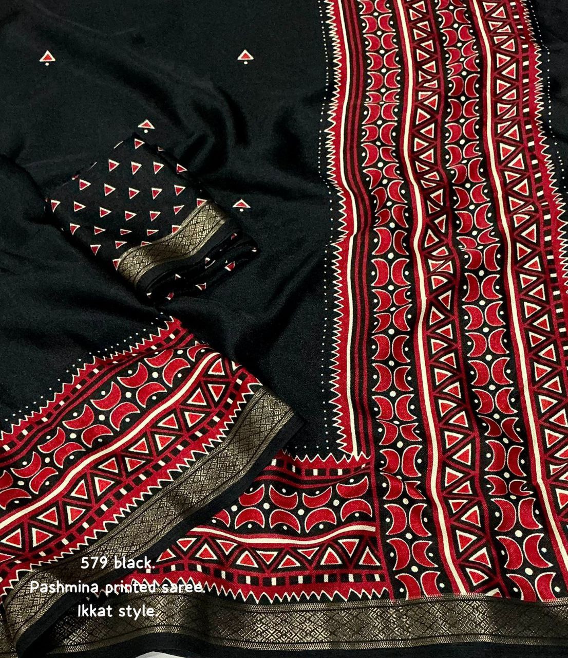 Zari Pattu Woven Border Soft Pashmina Silk Ikkat Printed Saree with Running Printed Blouse