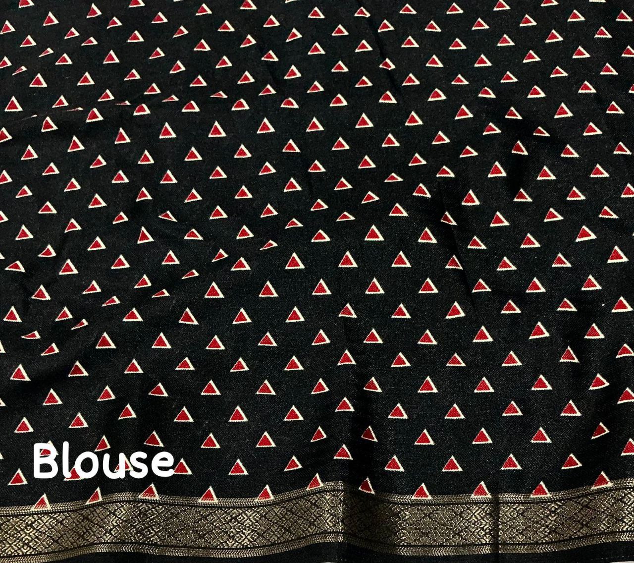 Zari Pattu Woven Border Soft Pashmina Silk Ikkat Printed Saree with Running Printed Blouse