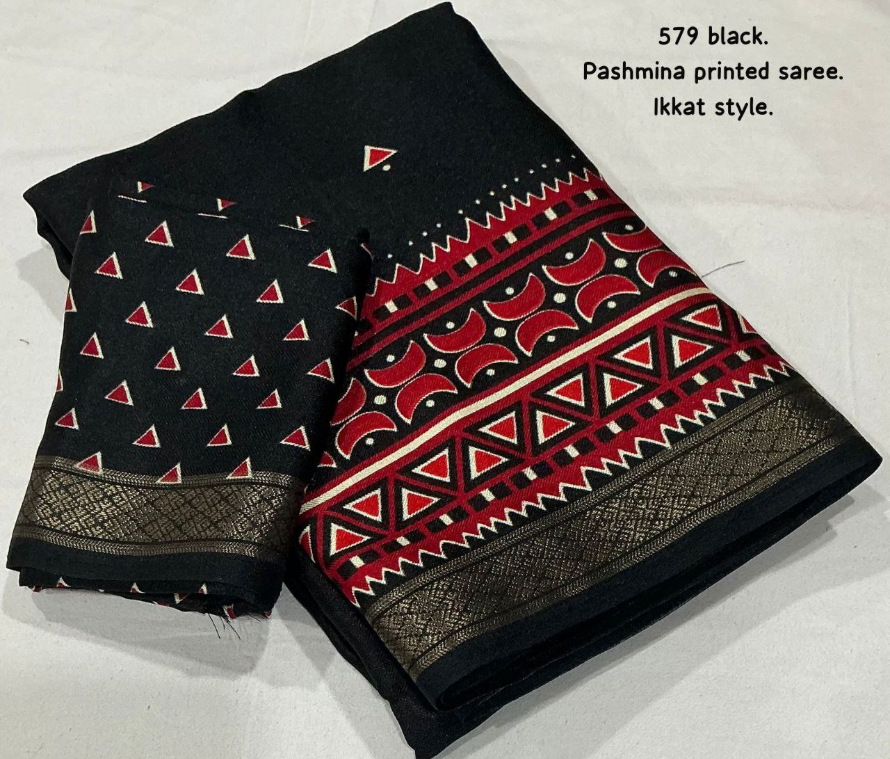 Zari Pattu Woven Border Soft Pashmina Silk Ikkat Printed Saree with Running Printed Blouse