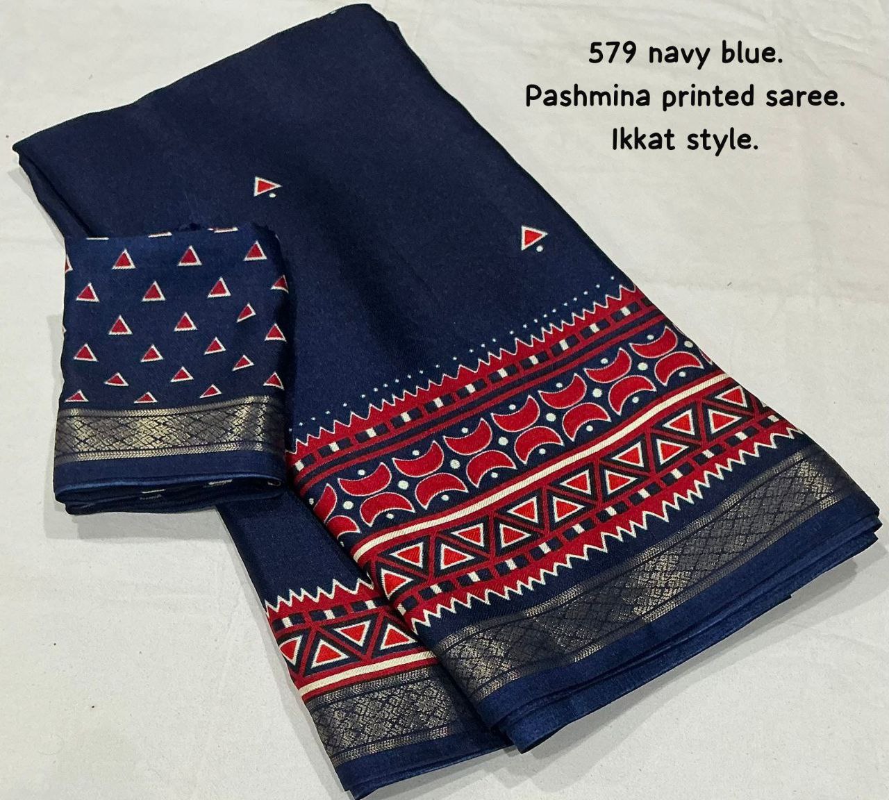 Zari Pattu Woven Border Soft Pashmina Silk Ikkat Printed Saree with Running Printed Blouse