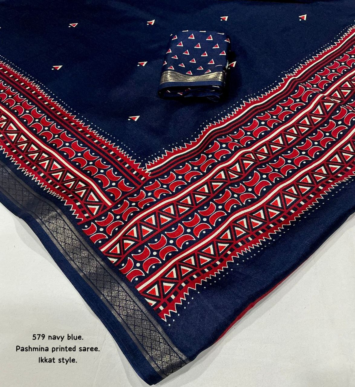 Zari Pattu Woven Border Soft Pashmina Silk Ikkat Printed Saree with Running Printed Blouse