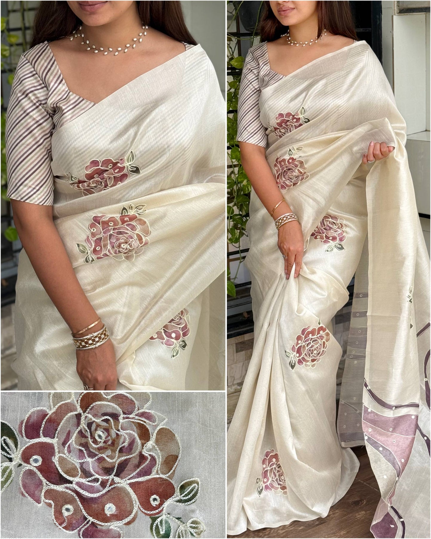 Hand Kantha Work, Mirror & Digital Print Pure Tusser Linen Saree with Blouse