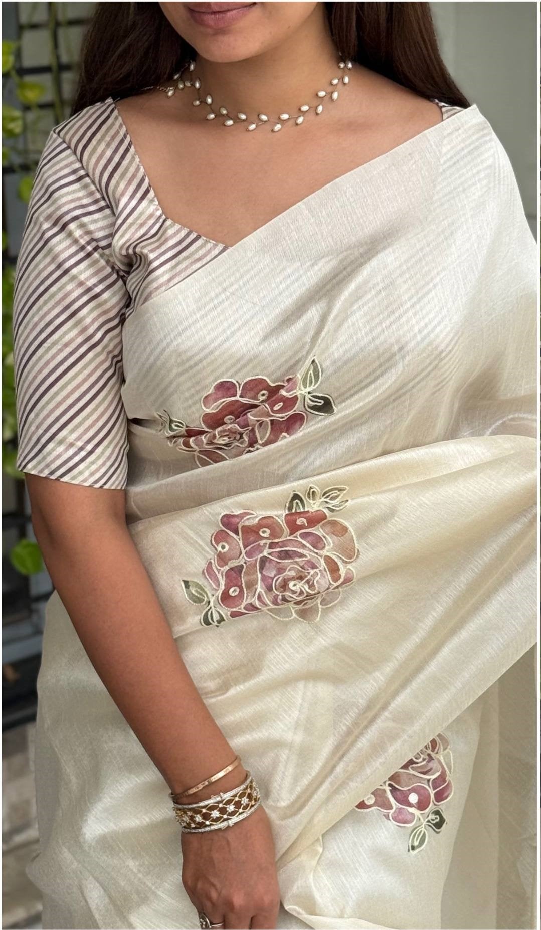 Hand Kantha Work, Mirror & Digital Print Pure Tusser Linen Saree with Blouse