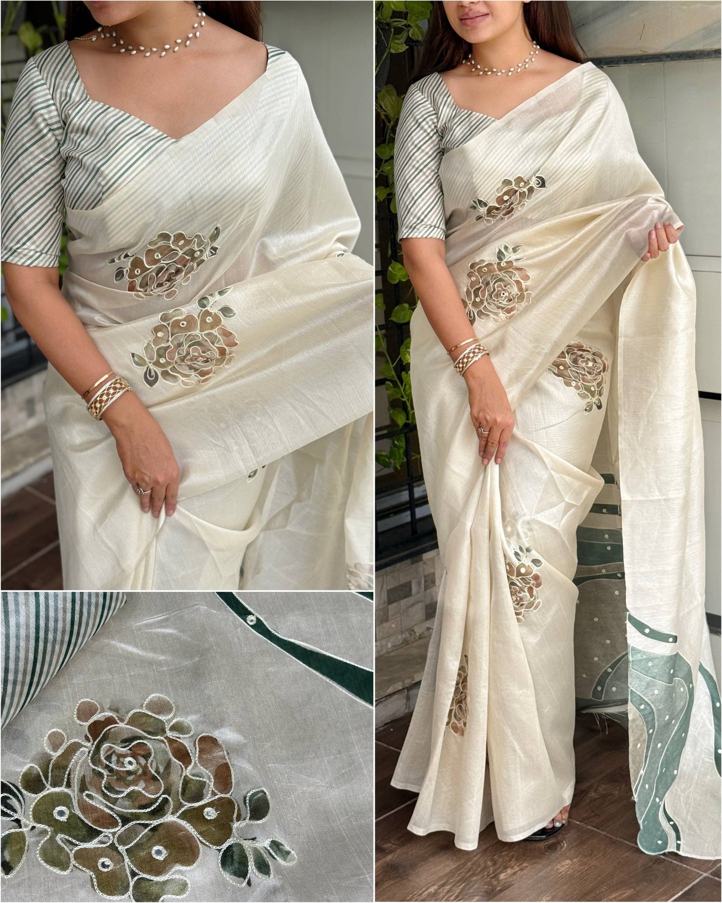 Hand Kantha Work, Mirror & Digital Print Pure Tusser Linen Saree with Blouse