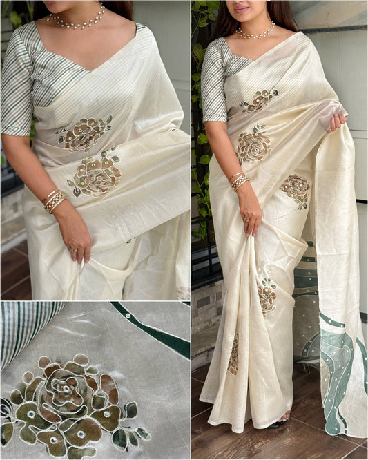 Hand Kantha Work, Mirror & Digital Print Pure Tusser Linen Saree with Blouse
