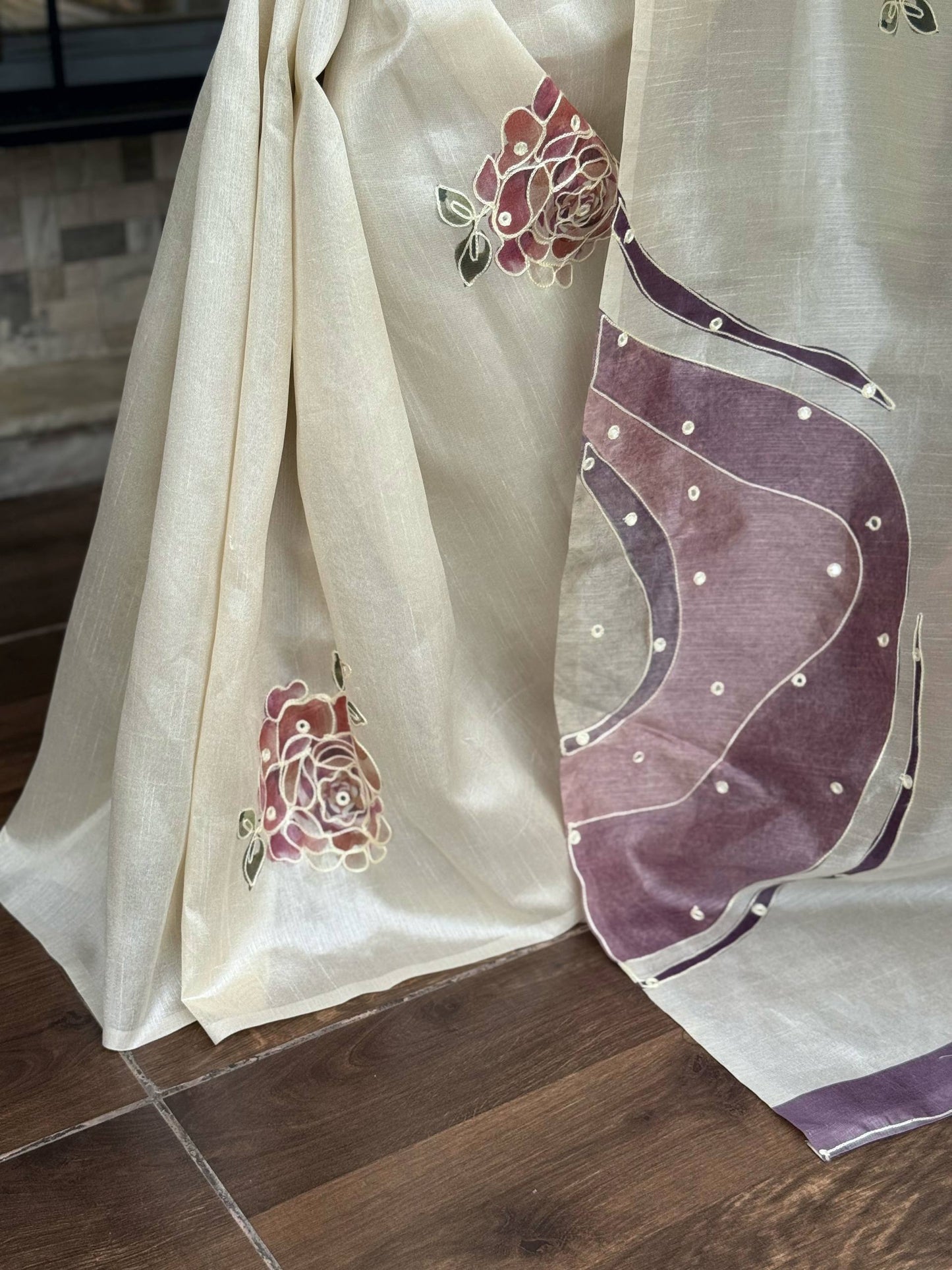 Hand Kantha Work, Mirror & Digital Print Pure Tusser Linen Saree with Blouse