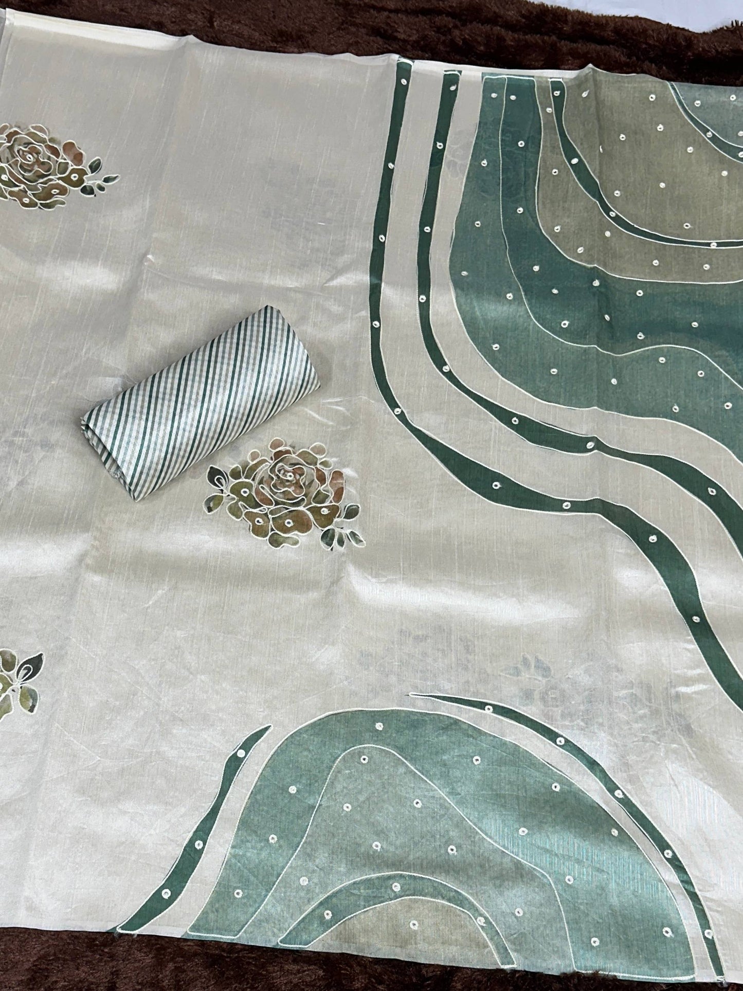 Hand Kantha Work, Mirror & Digital Print Pure Tusser Linen Saree with Blouse