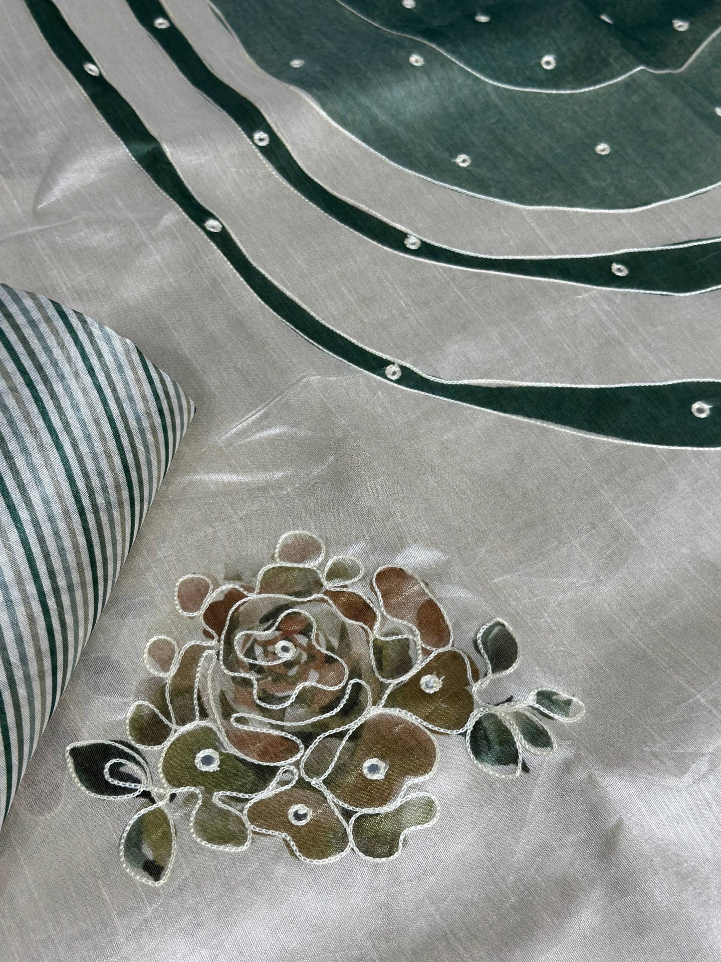 Hand Kantha Work, Mirror & Digital Print Pure Tusser Linen Saree with Blouse