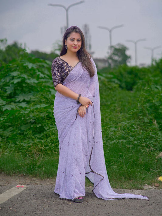 Elegant Black & White Georgette Kalamkari Printed Saree with Foil Bandhani Blouse