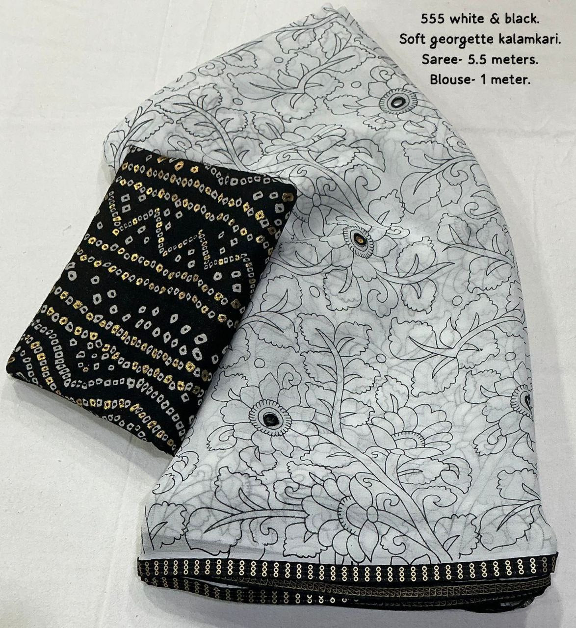 Elegant Black & White Georgette Kalamkari Printed Saree with Foil Bandhani Blouse