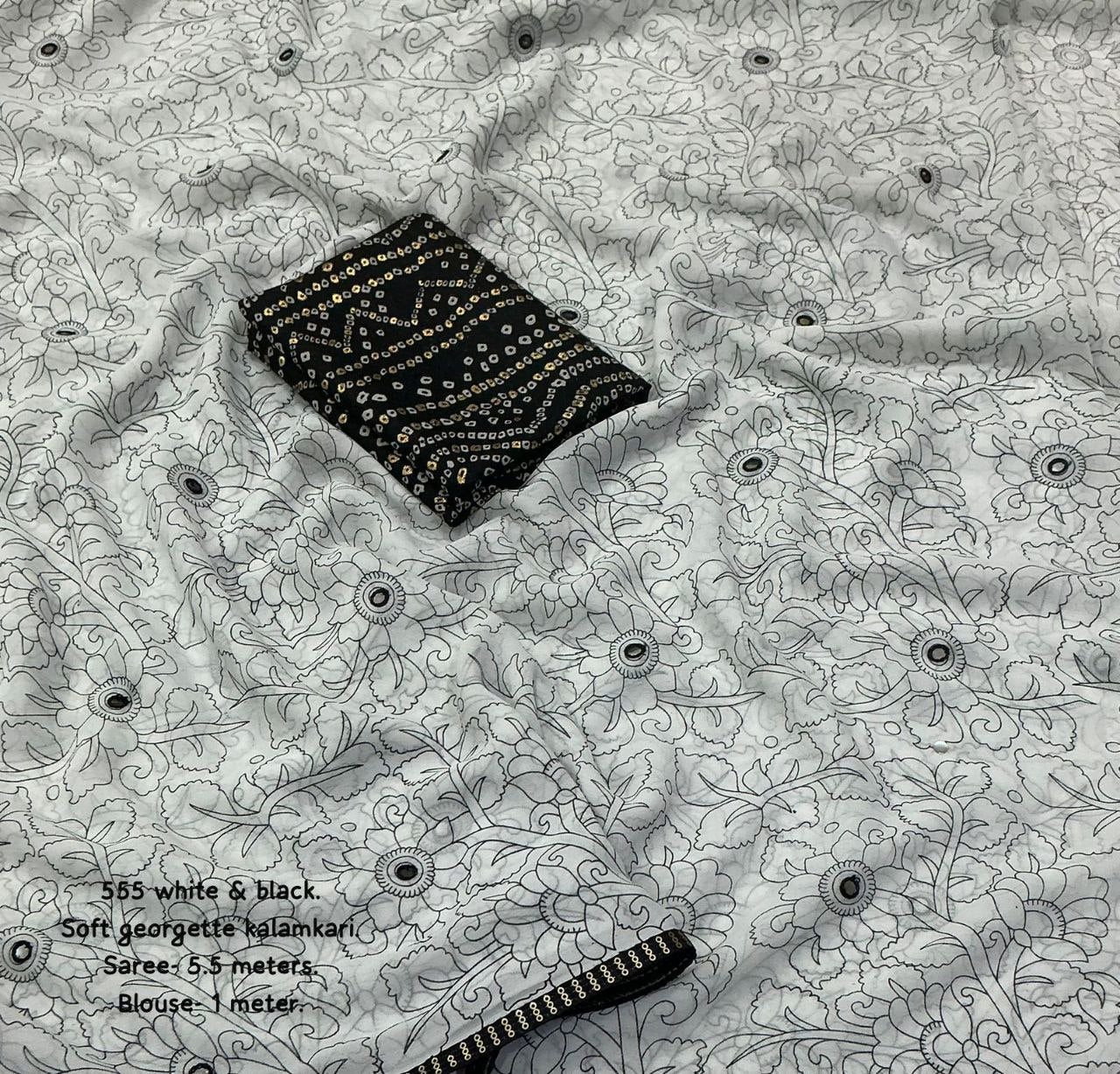 Elegant Black & White Georgette Kalamkari Printed Saree with Foil Bandhani Blouse