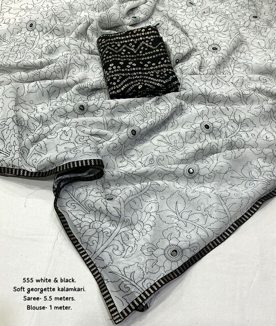 Elegant Black & White Georgette Kalamkari Printed Saree with Foil Bandhani Blouse